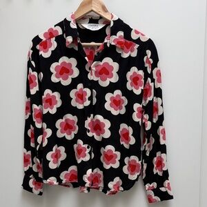 Women's Black Button-Down Shirt with Red & Pink Floral Motif